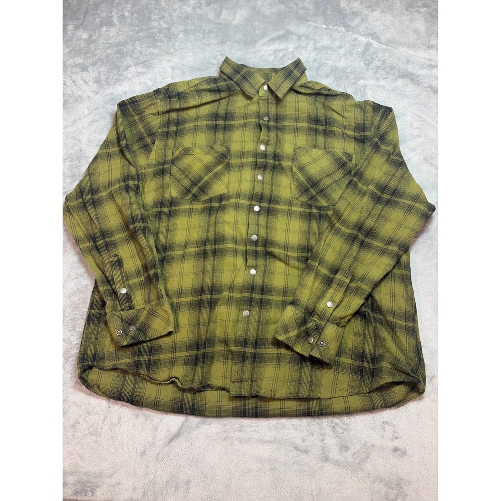 LAPG Core Flannel Shirt Mens XL Olive Green Black Plaid Snap Front 100% Cotton